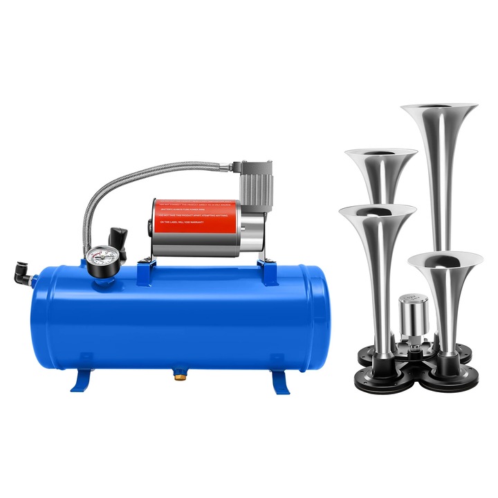 Compresor Auto, Compresor De Aer Cu Claxon De Tren, 12V DC, Rezervor 6 L, 4 Trambite, 150 PSI, Presostat 90/120 PSI, Albastru