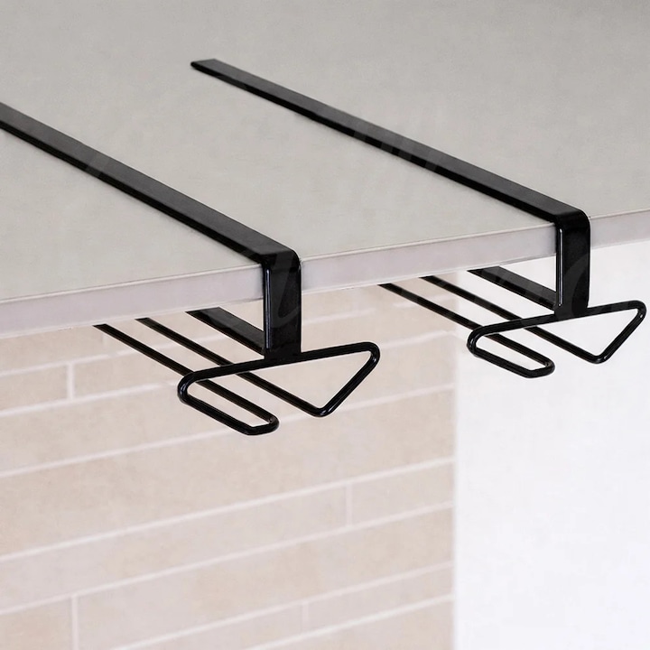 Set 2 suporturi pahare cu picior, suport pahare suspendat pentru bucatarie, bar, universal, otel, negru, 25.4x9x7cm, Callena