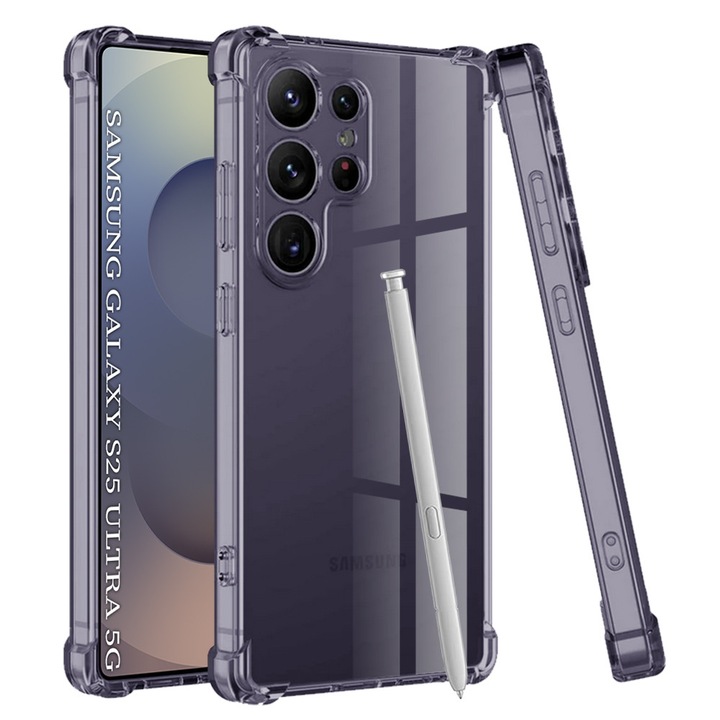 Husa Clear Anti-Soc pentru Samsung Galaxy S25 Ultra, Protectie Colturi AirBag, Rezisntenta Socuri si Zgarieturi, Design Slim, Anti-Ingalbenire, Fumuriu