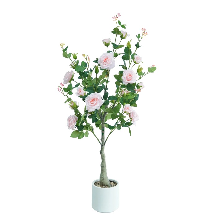 Copac artificial cu flori, roz deschis, stil bonsai, fara intretinere, 1 bucata