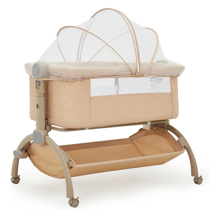 Patut Bebelus, 3 in 1 Leagan & Patut de Calatorie, Plasa de Tantari Detasabila, Co-Sleeper, 0-12 Luni, Sarcina >20 kg, Kaki