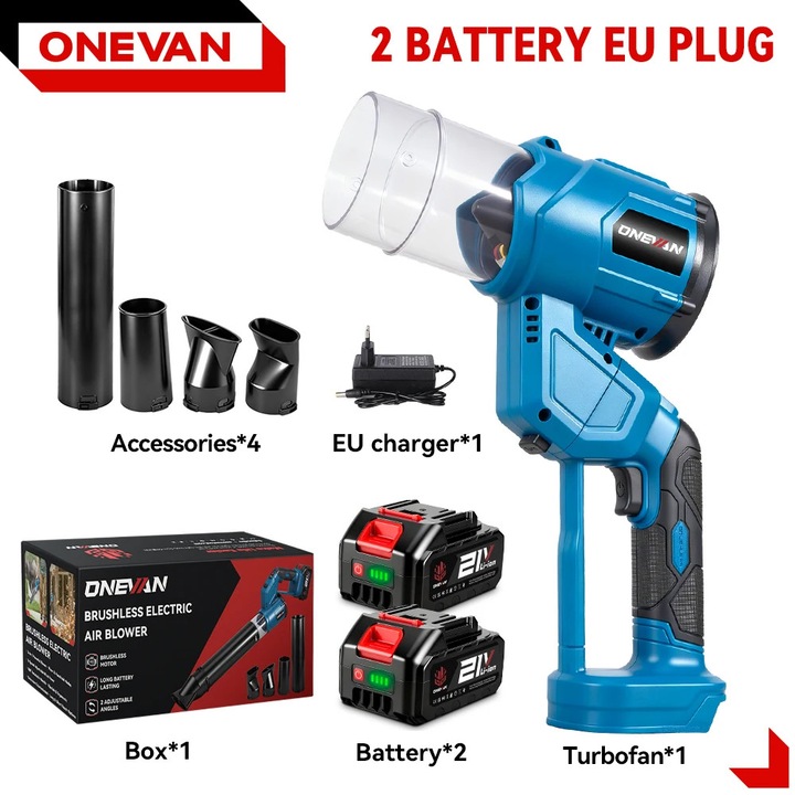 Suflanta de aer, Turbosuflanta de mana, Set 2x baterii 18V incluse, Putere 5000 W, Presiune inalta, Turatie 38000 RPM, Motor cu perii, Fara cablu, Portocaliu