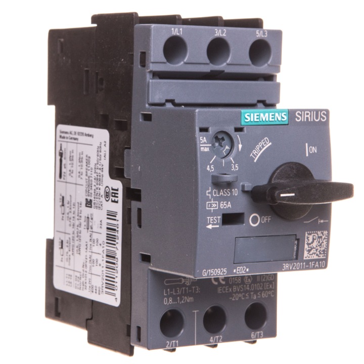 Motorvédő kapcsoló 3P 1,5kW 3,5-5A SIEMENS SIRIUS 3RV2011-1FA10, 102x49mm, 0.350kg