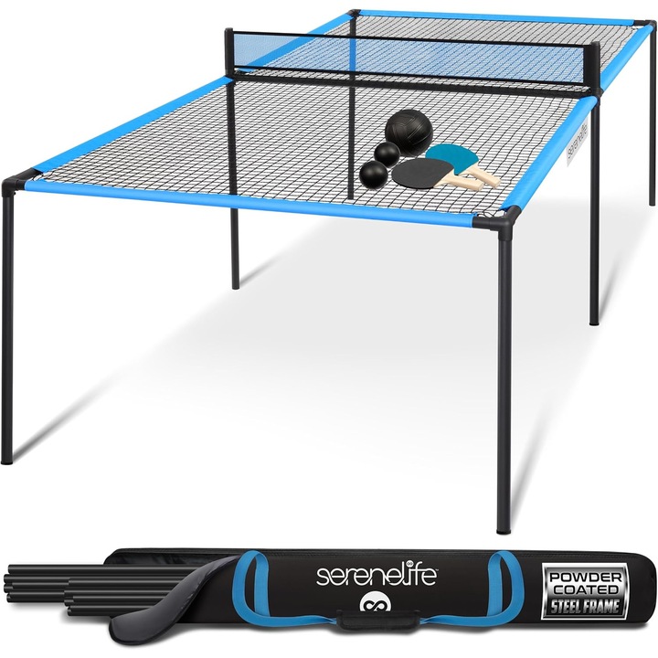 Masa tenis SereneLife, set complet, cadru din otel vopsit, 94", pungi cu mingi mici si mari, pentru interior/exterior