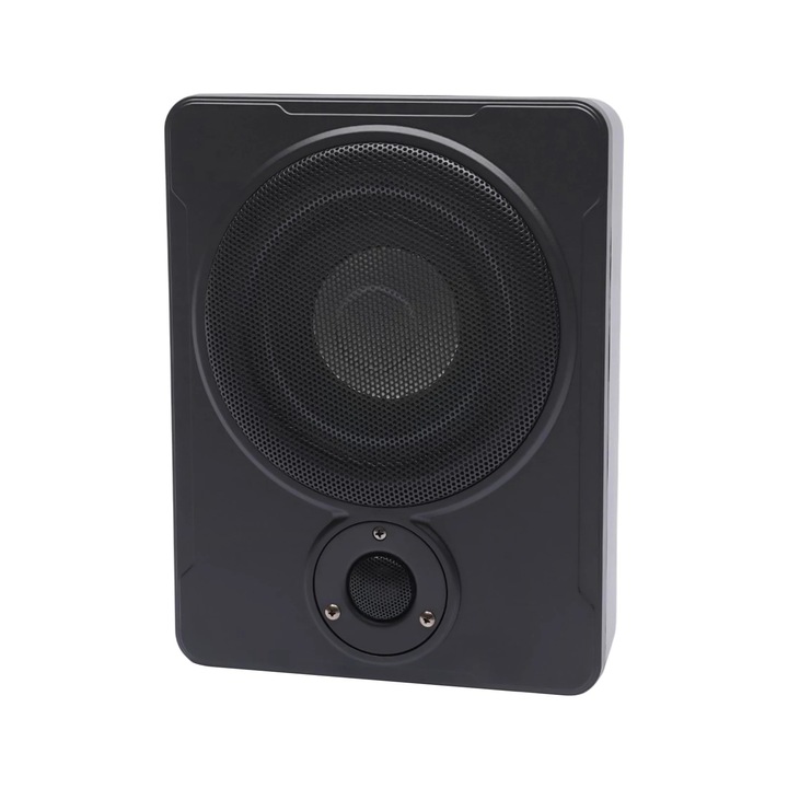 Subwoofer auto sub scaun, Subwoofer activ, 20 cm, Amplificator integrat, Profil subtire, 30–100 Hz, 4 Ω, 91 dB, Negru