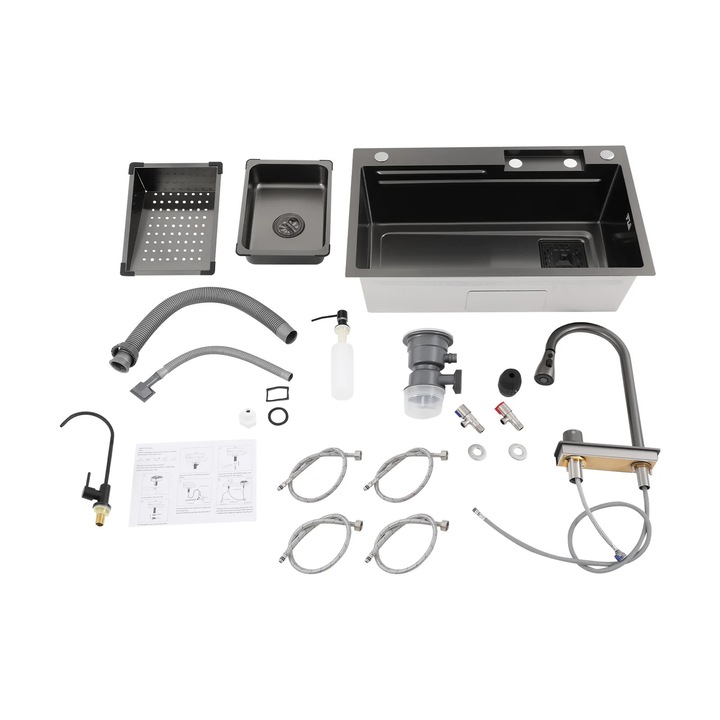 Chiuveta bucatarie, inox, neagra, cuva unica, design cu drenaj eficient