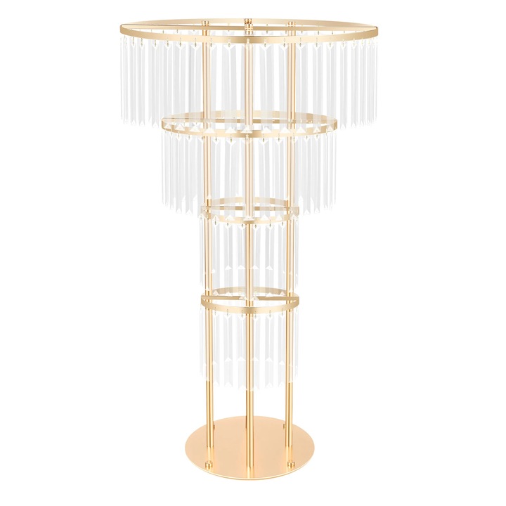 Elegáns kristályos virágtartó, dekoratív 4 szintes állvány, tartós fém és akril keret, 90 cm magas, esküvőre és partira, arany
