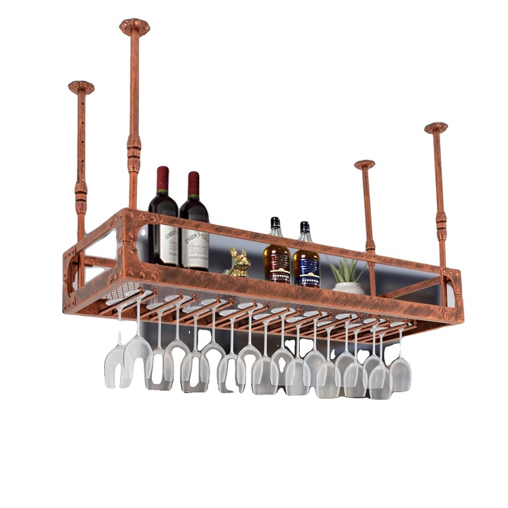 Suport pentru vin, fier de inalta calitate, inaltime ajustabila, capacitate de 110,23 lbs, 27 suporturi pentru pahare, stil vintage industrial
