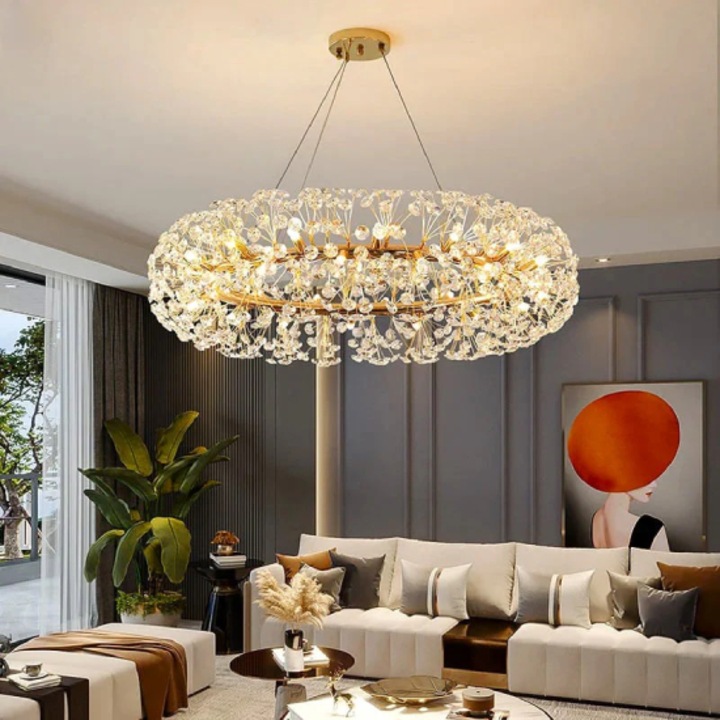 Candelabru Rotund Auriu, Cristal K9, 50cm Diametru, 9xG9