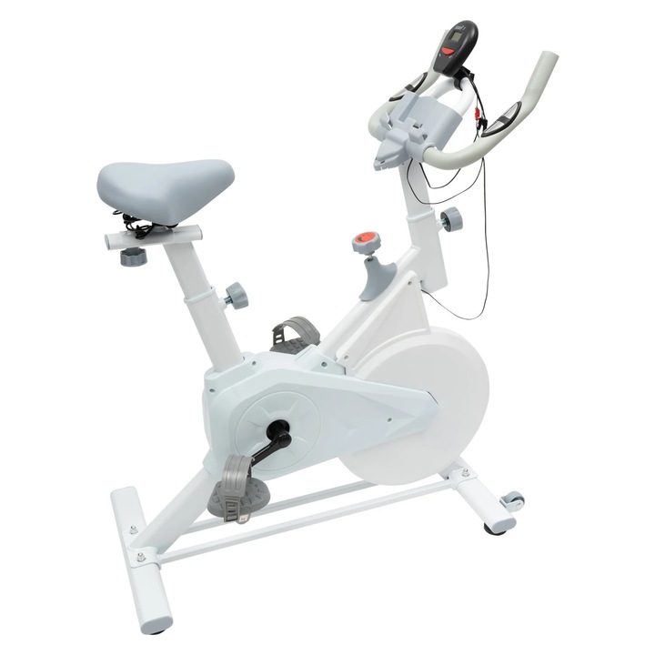 Bicicleta fitness, Bicicleta de spinning, Ecran LCD cu pulsmetru, Rezistenta reglabila, Sa confortabila, Pentru antrenament acasa, Alb