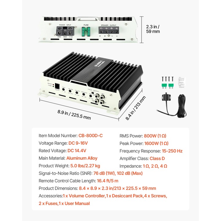 Amplificator auto, 800W, control bass ajustabil, dimensiuni compacte