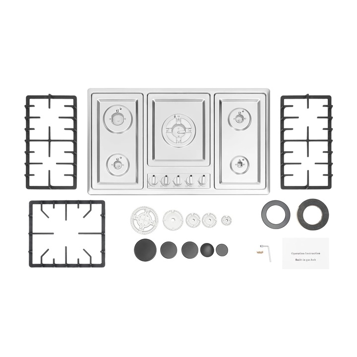 Gázfőzőlap 5 égős, rozsdamentes acél, elektronikus gyújtás, világosszürke, 86x51x9cm