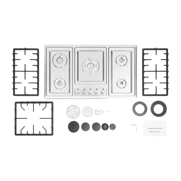 Plita gaz 5 arzatoare, inox, aprindere electronica, gri deschis, 86x51x9cm