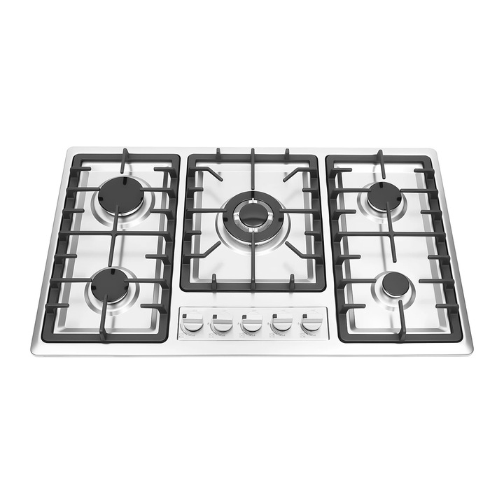 Plita pe gaz, 5 arzatoare, incorporabila, inox, aprindere electrica 220 V, putere 3, 3/2, 75/2×1, 75/1 kW, gri deschis