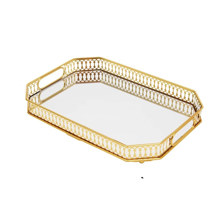 Tava de servire decorativa, design rectangular, fier, sticla, aurie