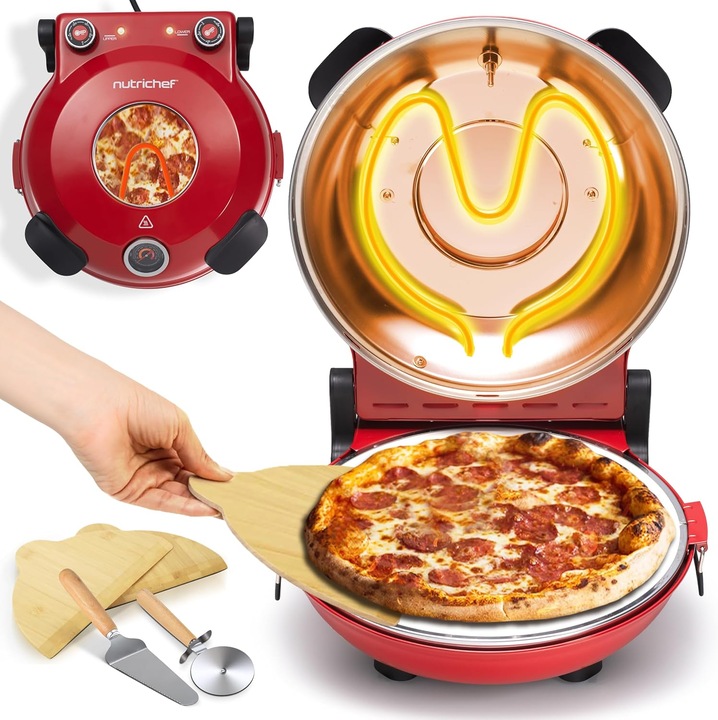 Cuptor electric pentru pizza NutriChef, 1200W, control temperatura, fereastra de vizionare, rosu