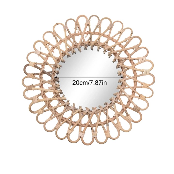Kerek fali tükör, rattan design, fa szín, 4 rögzítési pont