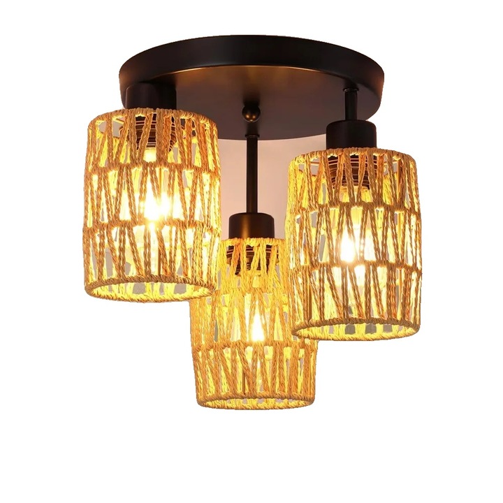 Függőlámpa, 3 lámpás, kézzel fonott design, fekete/arany, 90-260 V, izzó nélkül