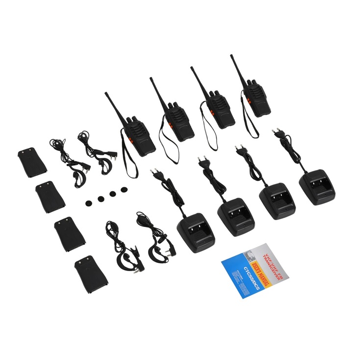 Statii walkie-talkie, 4 darabos kétirányú szett, UHF 400–470 MHz, 1–5 km hatótávolság, 1500 mAh újratölthető akkumulátor, Fülhallgatóval, Fekete