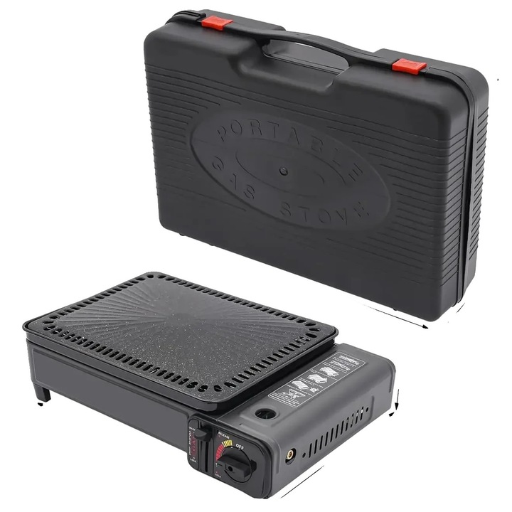 Arzator camping, portabil, cu doua intrari de gaz, accesorii incluse, negru, dimensiuni compacte