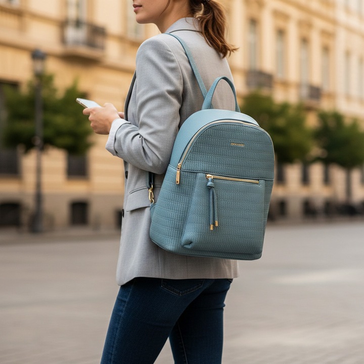 Rucsac elegant de dama Pierre Cardin, Design Texturat, Piele ecologica fina, Curele Reglabile, 34x27x12 cm, Culoare Albastru