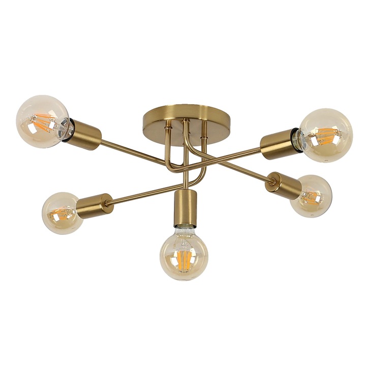 Lustra industriala ajustabila, 5 surse de lumina, metal, auriu