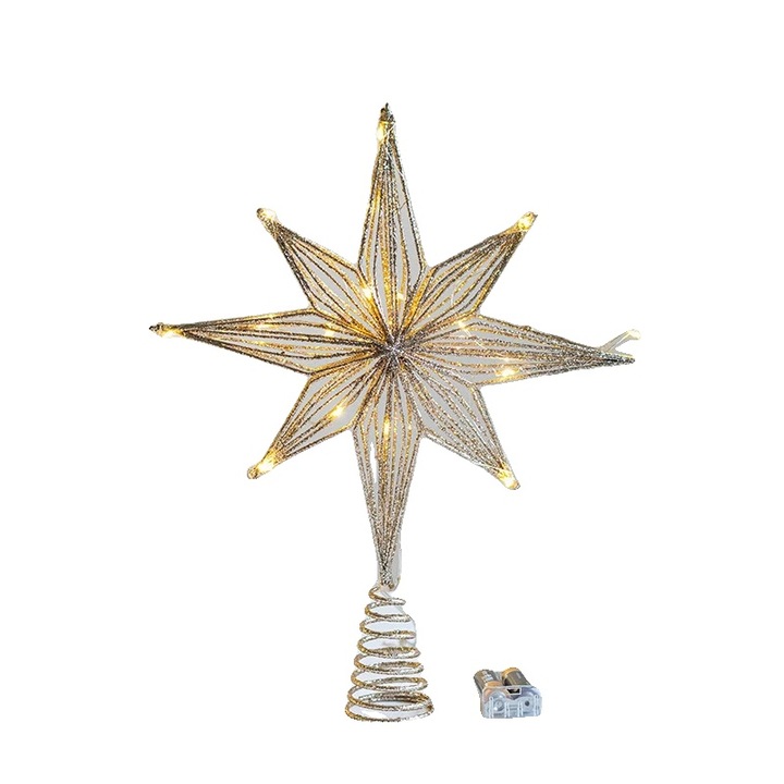 Varf de brad de Craciun, design stea sculptata, lumini LED intermitente, auriu, dimensiuni standard