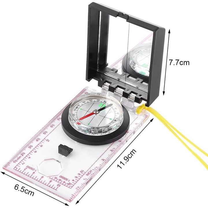 Busola multifunctionala cu rigla de harta si oglinda de urgenta, set pentru activitati in aer liber, transparenta, usor de transportat