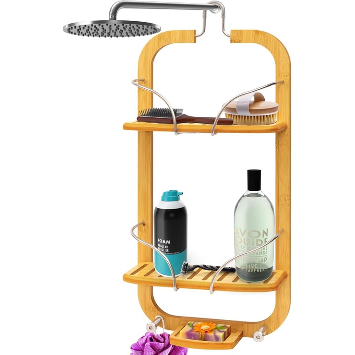 Suport de baie din bambus cu 3 niveluri, design anti-alunecare, organizator pentru sampon si sapunuri