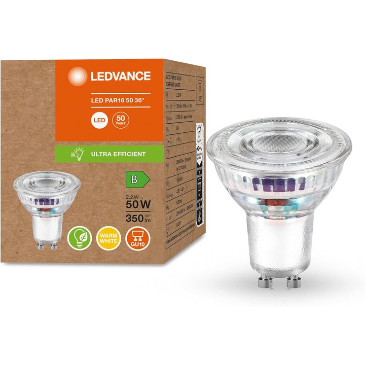 LED Bec Ledvance PAR16 GU10 2.1W Meleg Fehér 3000K - Energiatakarékos