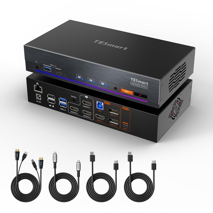 TESmart USB-C KVM kapcsoló 4K@60Hz, 2 PC, 3 monitor, DisplayPort, HDMI