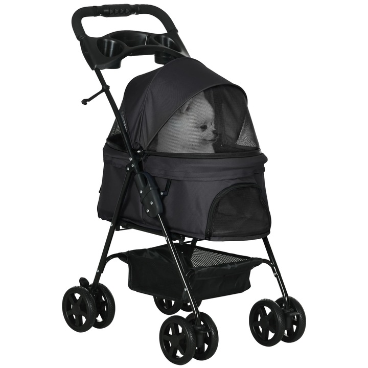Carucior pentru caini, design pliabil, cos de depozitare integrat, negru, 67x45x96 cm
