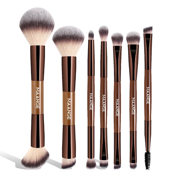 Set pensule machiaj, 7 pensule cu capete duble, pentru toate cosmeticele, maro cafea