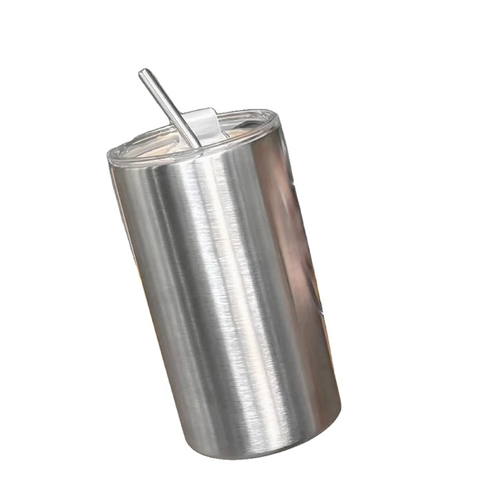 Cana termos din otel inoxidabil, izolatie cu perete dublu, capac cu pai, argintie, 600ml