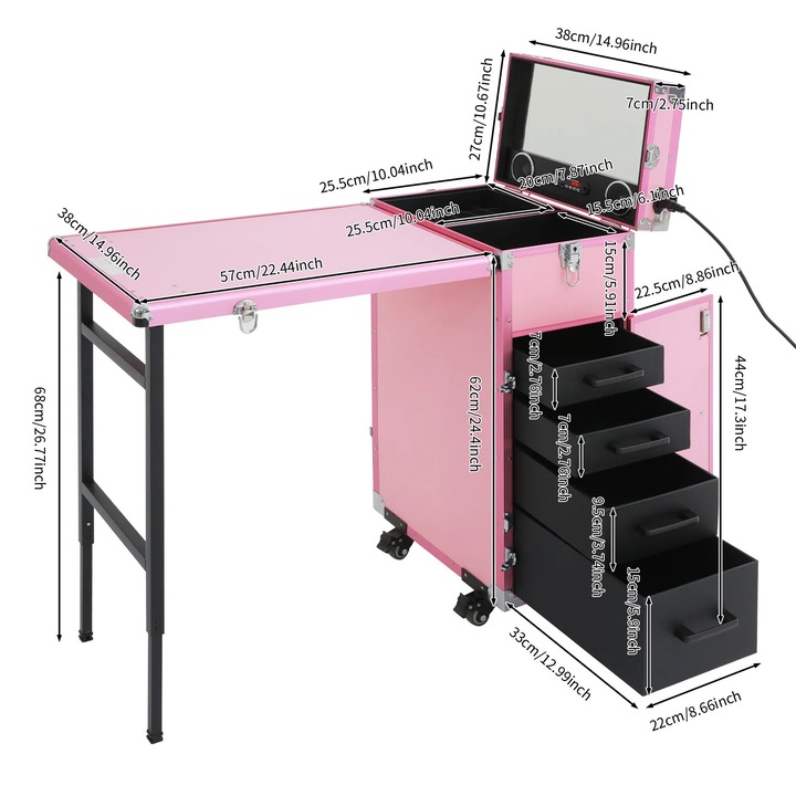 Masa de manichiura, design portabil, stocare sigura, roz, 4 sertare, 50kg