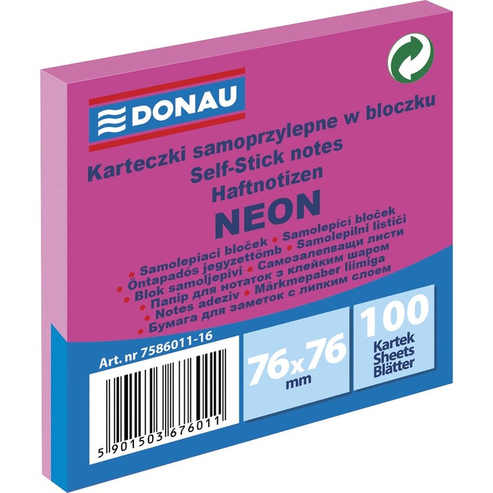 Nota adeziva 76x76mm, 100 fire, roz neon