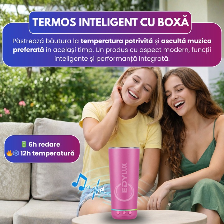 Termos inteligent EDYLUX, cu difuzor wireless, inox premium, roz, 500ml