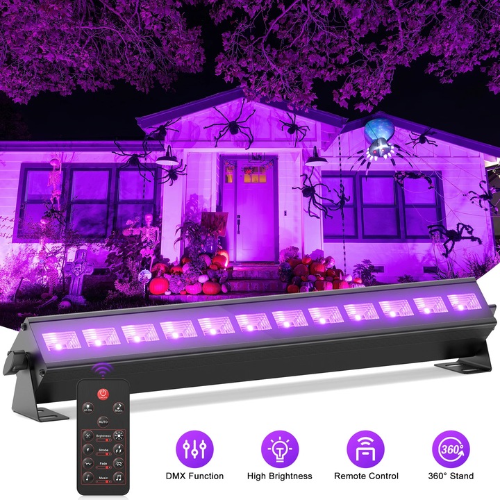 Bara LED UV fekete fény, Wall Washer DMX színpadi fény, 12x10W UV, DMX512 8 csatornás, Távirányító, Automata és hangvezérlés, 110–240V AC, EU csatlakozó, 4 db-os készlet