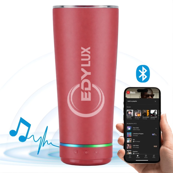 Termos inteligent cu difuzor wireless integrat EDYLUX®, inox premium, izolare termica, Bluetooth, capacitate 500ml, baterie reincarcabila, design ergonomic, control intuitiv, ideal pentru camping, birou, calatorii si Fitness, Rosu