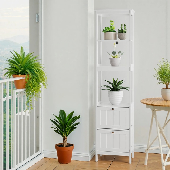 Dulap de depozitare, rafturi deschise, sertare ascunse, alb