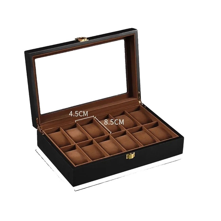 Cutie pentru ceasuri, 12 compartimente, design protector, neagra, MDF