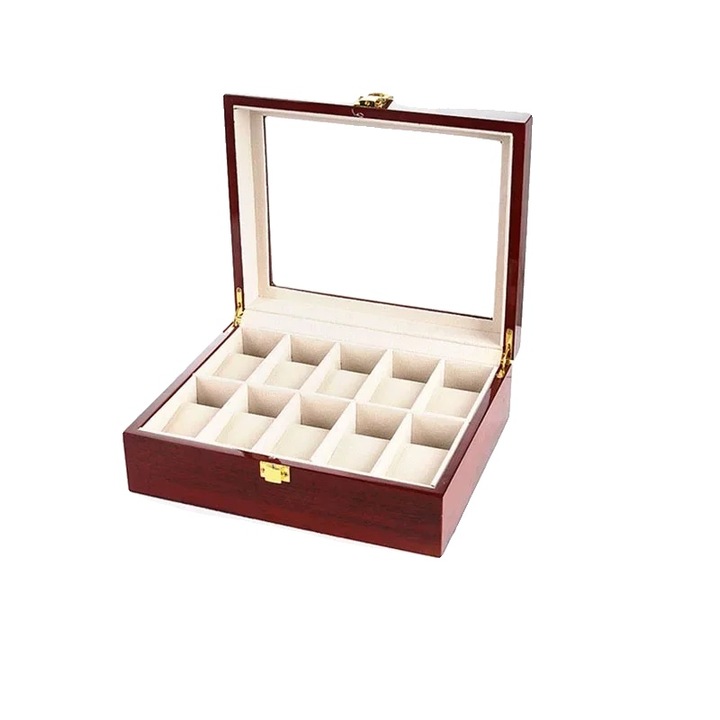 Cutie pentru ceasuri, 10 compartimente, design protector, rosie, MDF