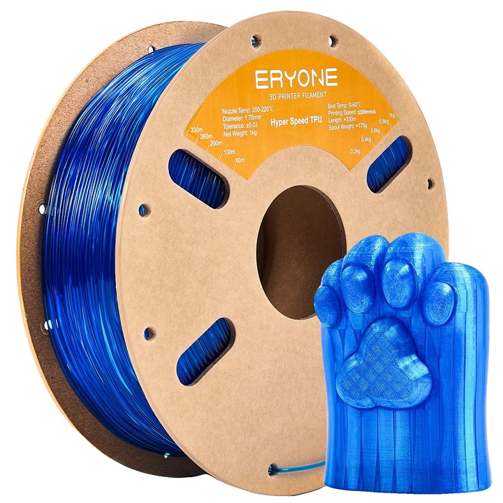 Filament 3D, TPU, Maximális nyomtatási sebesség 300mm/s, Átlátszó kék, 3KG