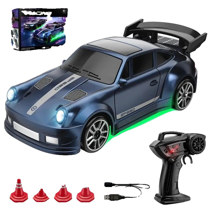 Kaszkadőr autó, CV-E85, tartós műanyag design, kék, elemes tápellátás