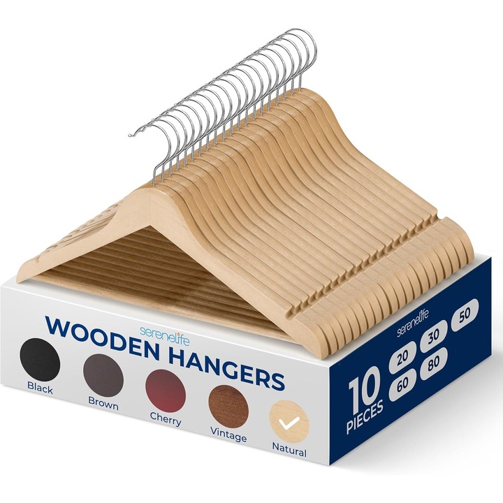 Umerase din lemn SereneLife, set 10 buc, design slim, cu carlig rotativ 360, antiderapante, pentru haine, diverse dimensiuni