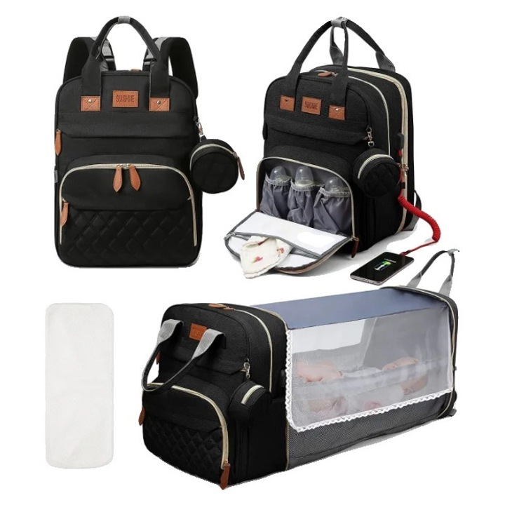 Rucsac pentru scutece, pat portabil, material impermeabil, negru, tip 1 cu plasa