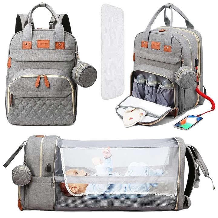 Rucsac pentru scutece, pat portabil, material impermeabil, gri, tip 1 cu plasa