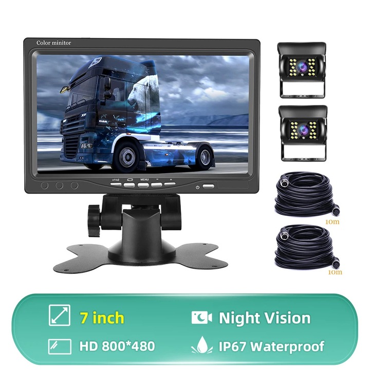Monitor auto 7 inch, suport dual camera, rezolutie 800x480, impermeabil IP67