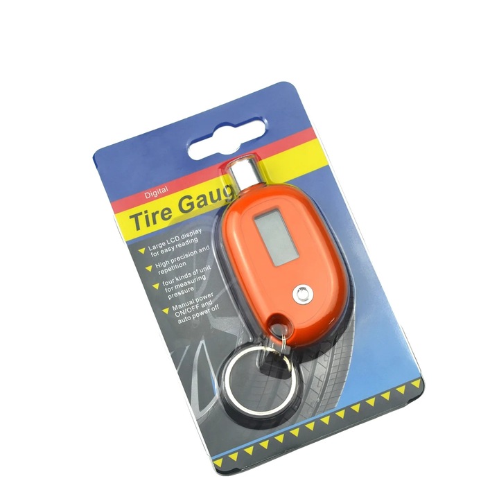 Manometru digital pentru presiunea anvelopelor, display LCD, 4 unitati de masura, portocalie, design compact