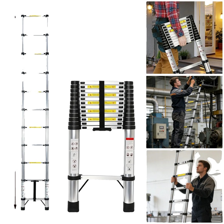 Scara telescopica, 3.8m, design portabil, din otel inoxidabil, fara carlige